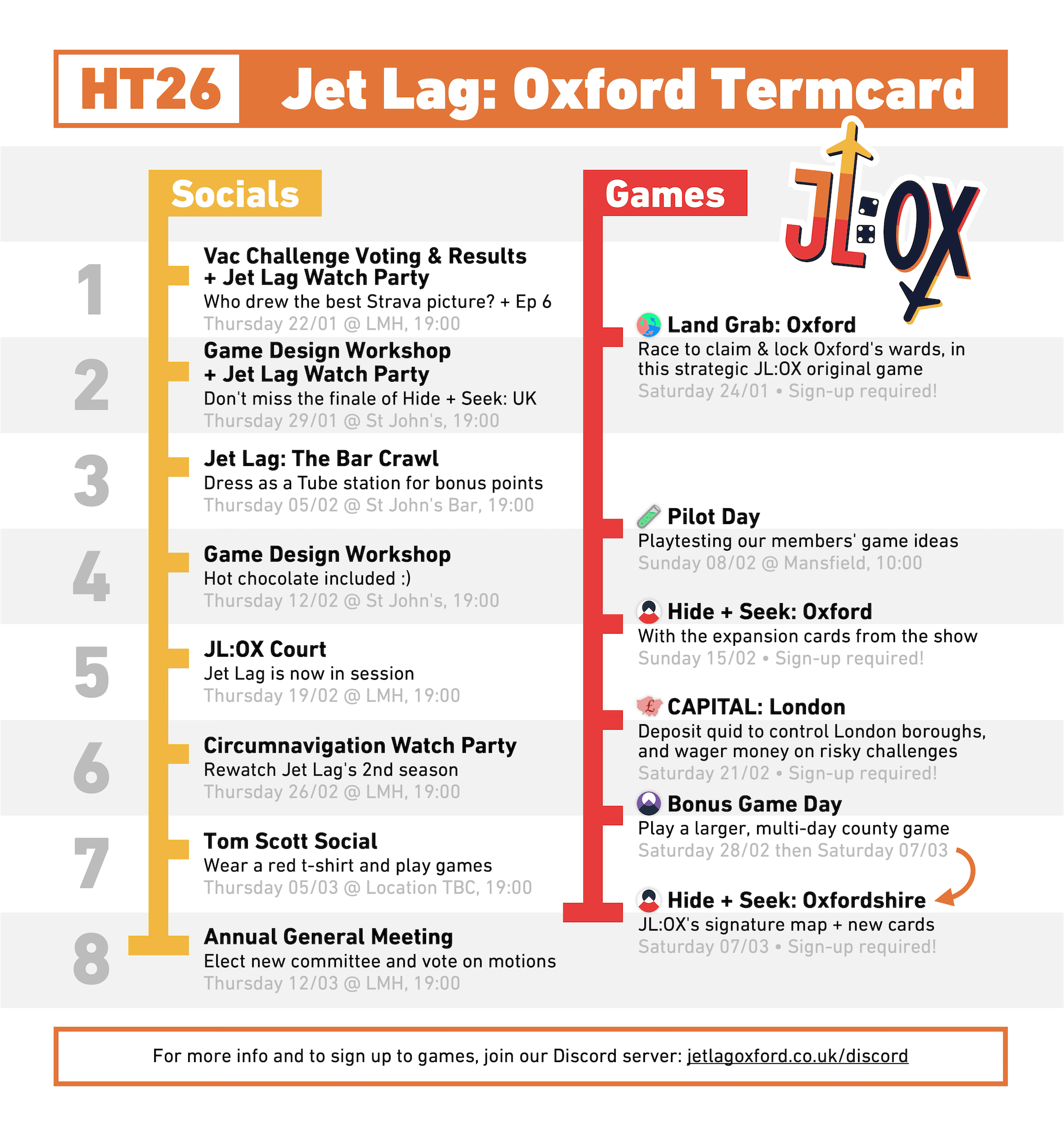 HT26 Jet Lag: Oxford Termcard - A list of events for the term, sorted by week. The first three events are described below the image.